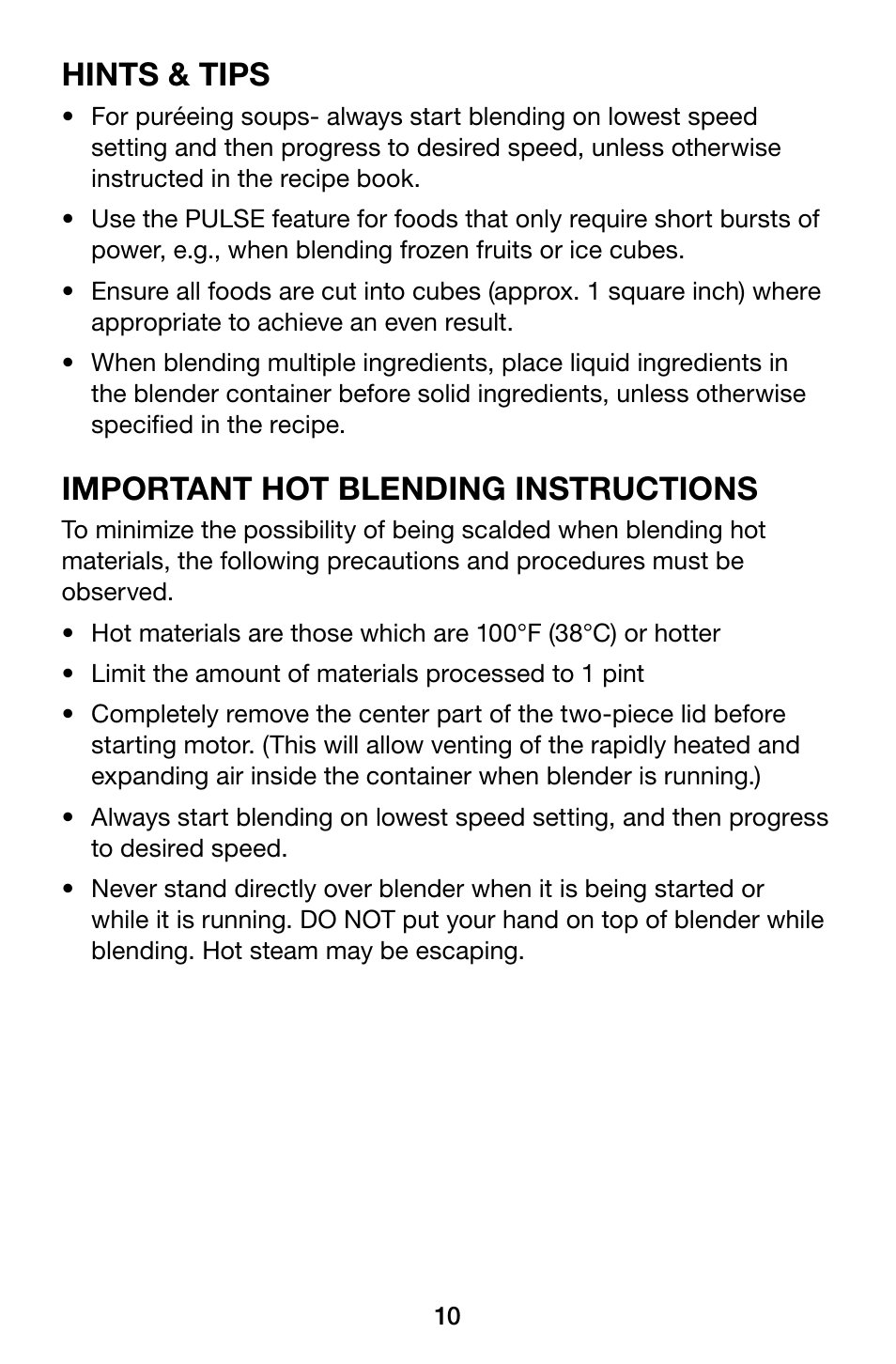 Hints & tips, Important hot blending instructions | Waring Pro MBB1000 User Manual | Page 10 / 12