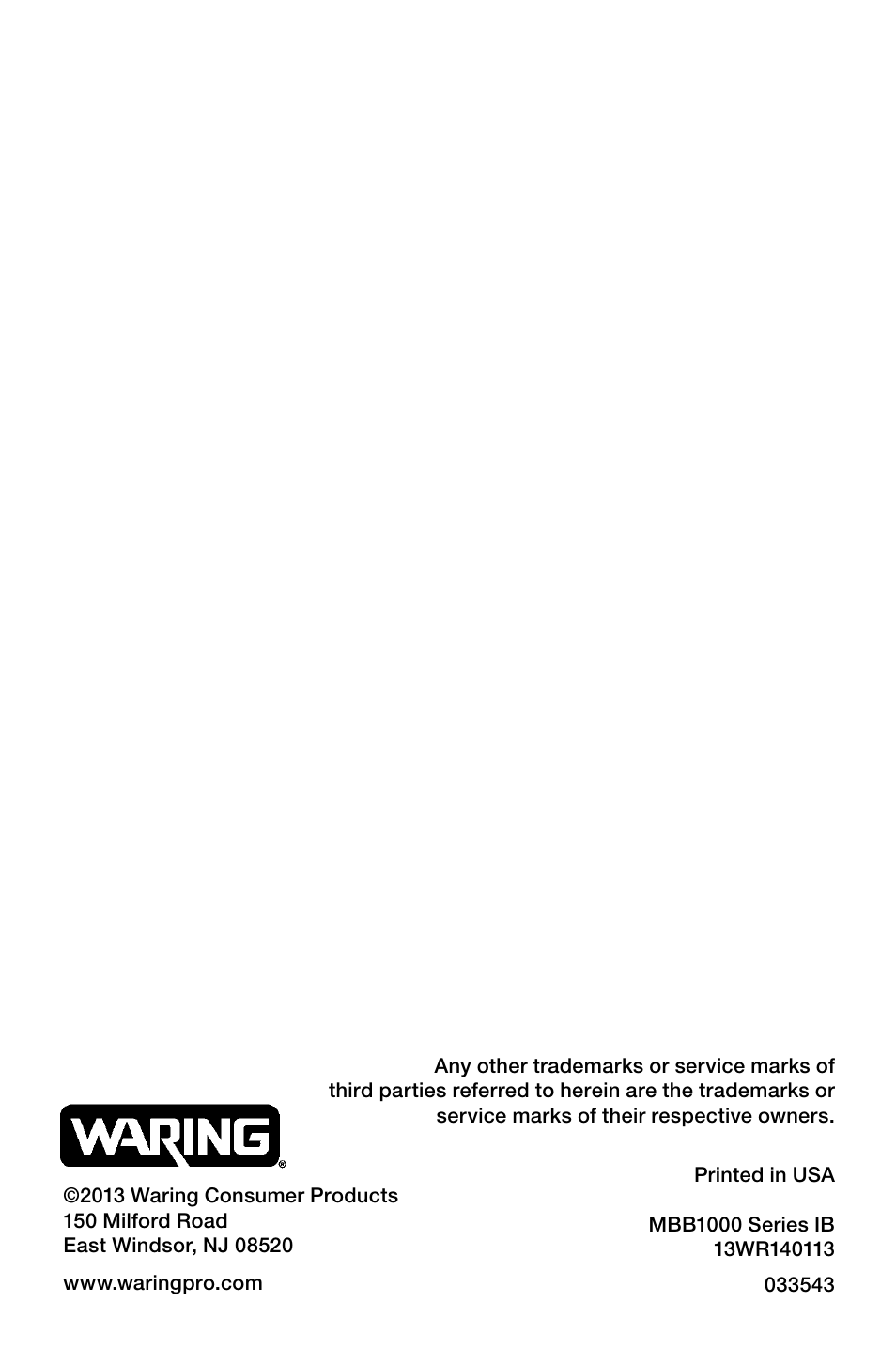 Waring Pro MBB1000 User Manual | Page 12 / 12