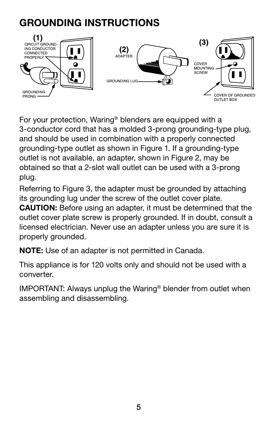 Grounding instructions | Waring Pro MBB1000 User Manual | Page 5 / 12