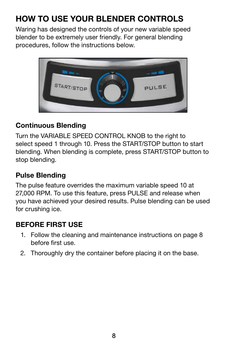 How to use your blender controls | Waring Pro MBB1000 User Manual | Page 8 / 12