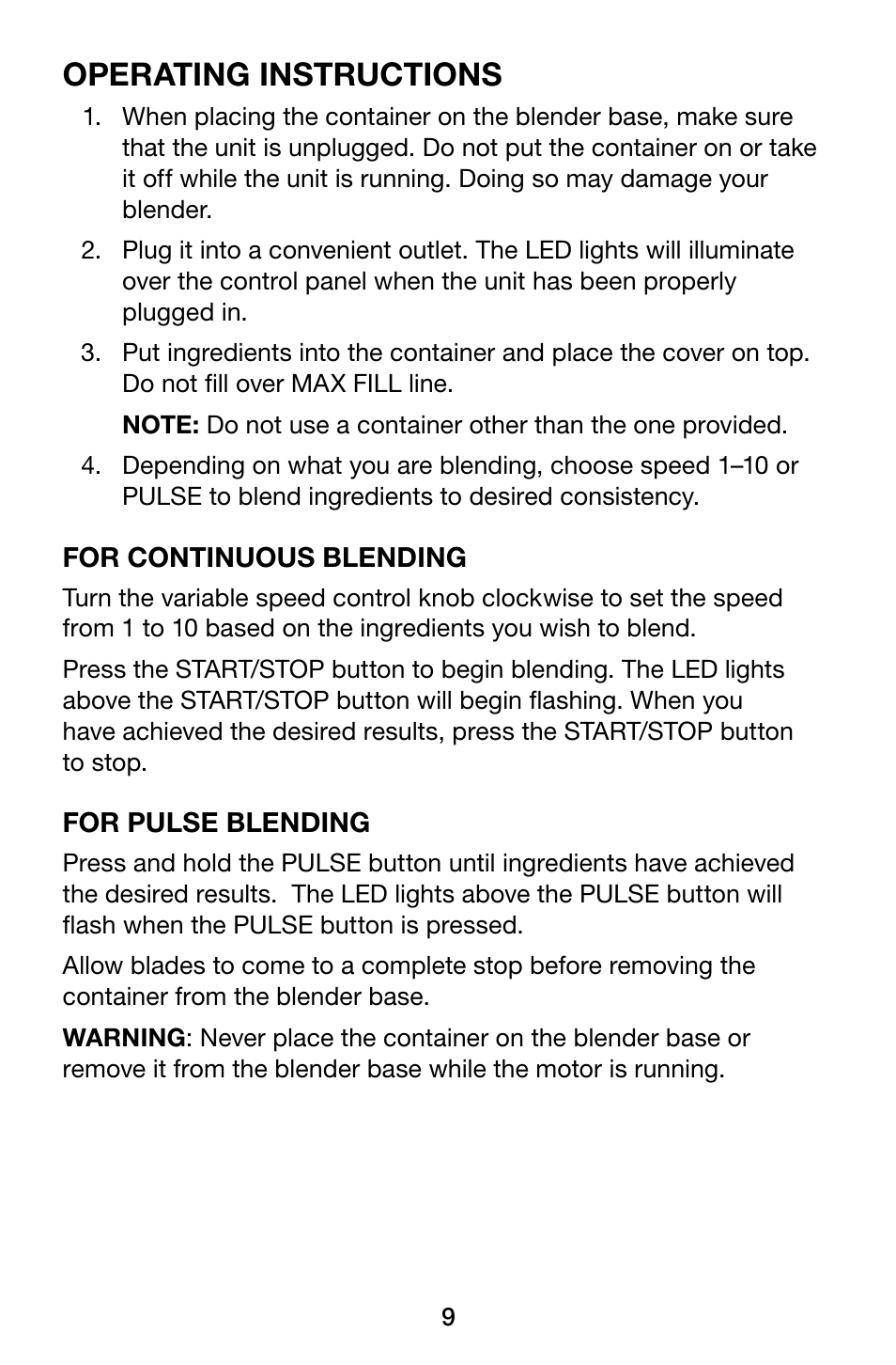 Operating instructions | Waring Pro MBB1000 User Manual | Page 9 / 12