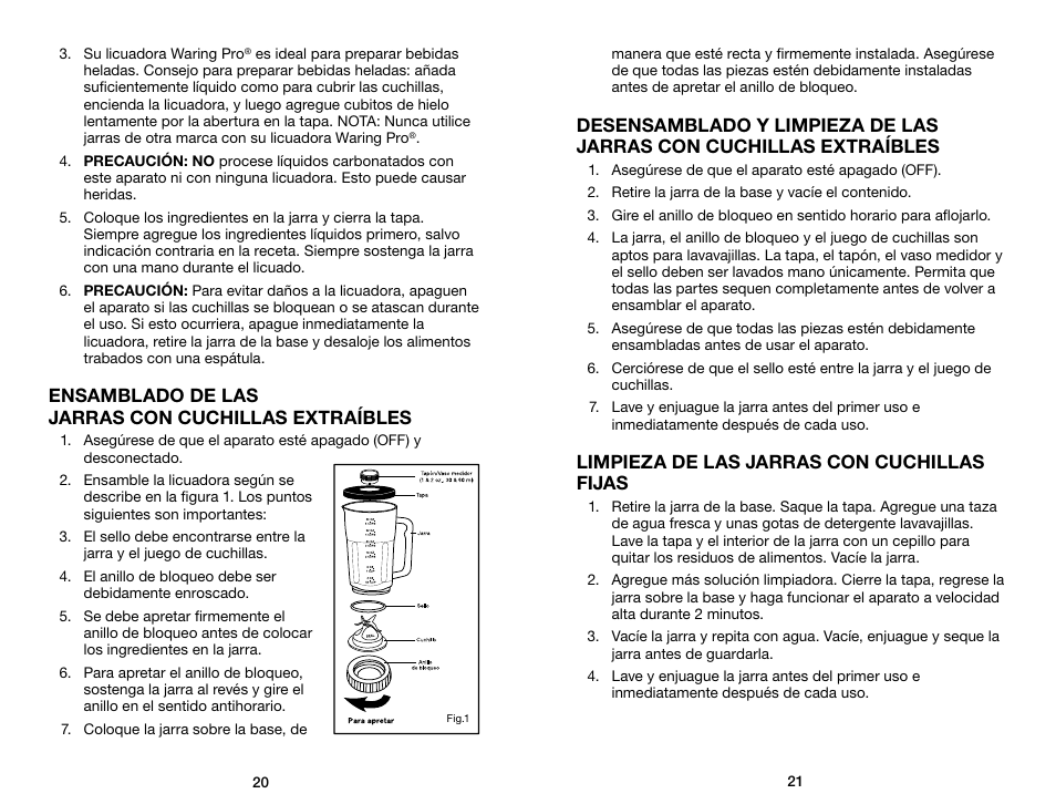 Ensamblado de las jarras con cuchillas extraíbles, Limpieza de las jarras con cuchillas fijas | Waring Pro WPB80BC User Manual | Page 11 / 23