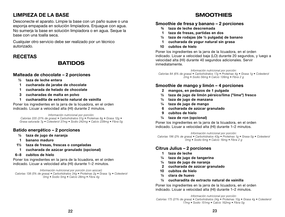 Limpieza de la base, Recetas batidos, Smoothies | Waring Pro WPB80BC User Manual | Page 12 / 23