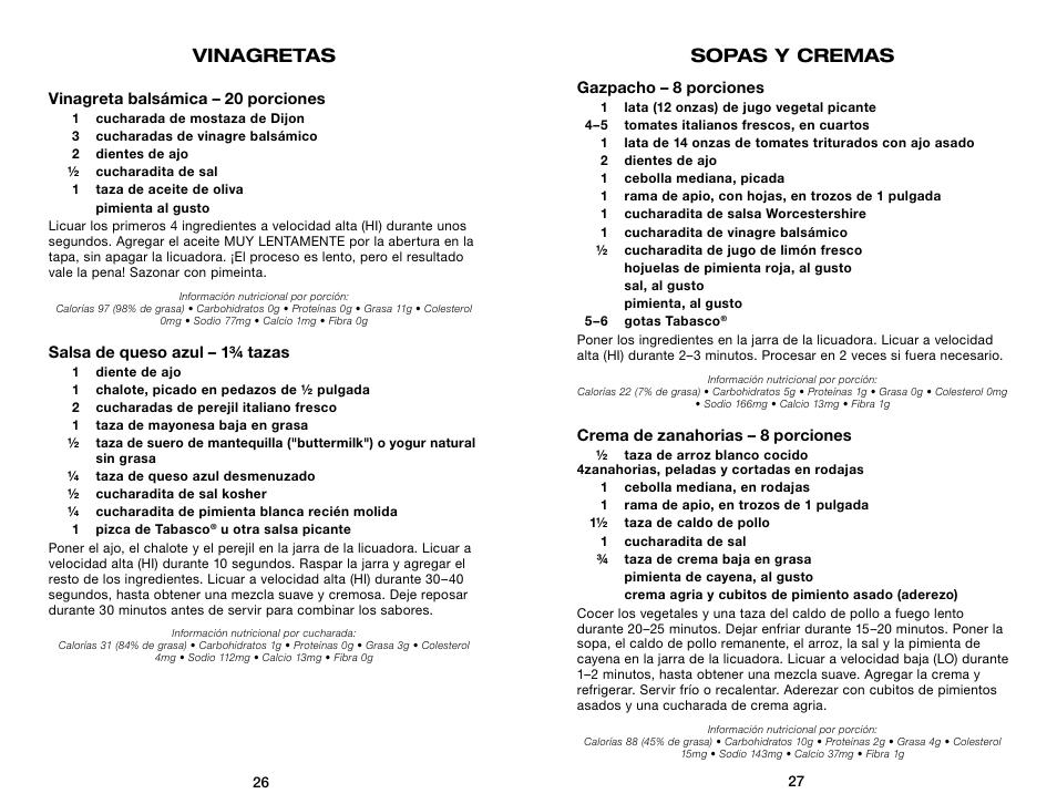 Vinagretas, Sopas y cremas | Waring Pro WPB80BC User Manual | Page 14 / 23