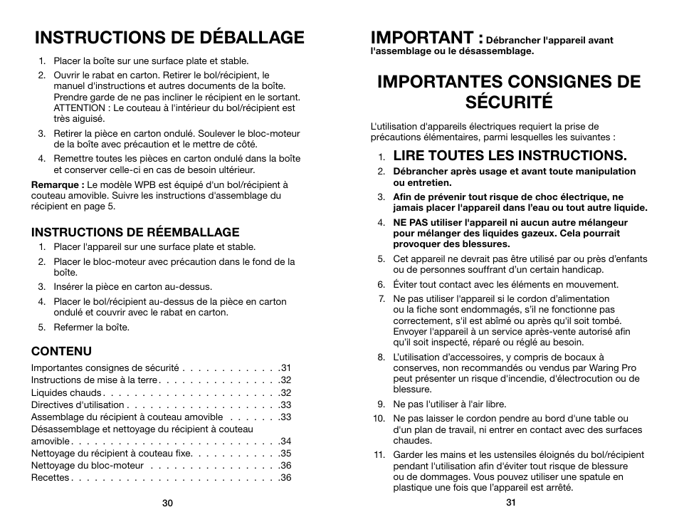 Instructions de déballage, Important, Importantes consignes de sécurité | Lire toutes les instructions | Waring Pro WPB80BC User Manual | Page 16 / 23