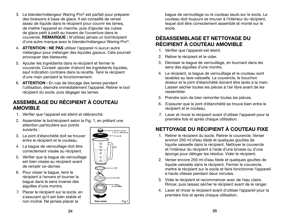 Assemblage du récipient à couteau amovible, Nettoyage du récipient à couteau fixe | Waring Pro WPB80BC User Manual | Page 18 / 23