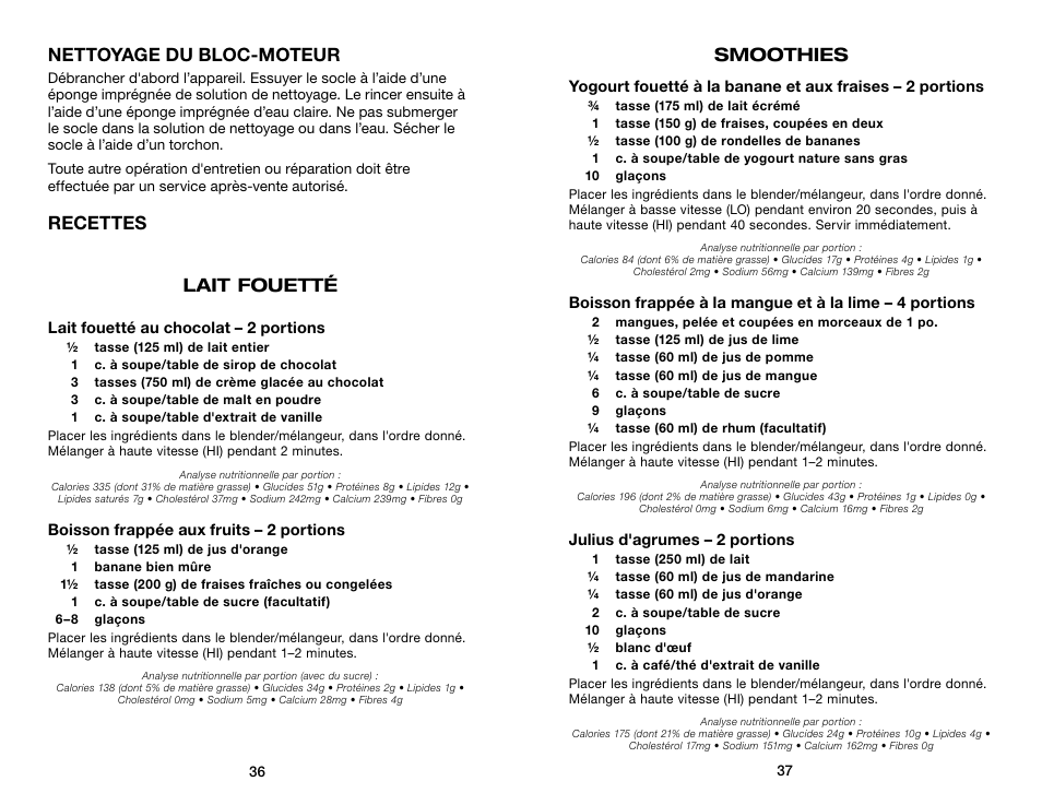 Nettoyage du bloc-moteur, Recettes lait fouetté, Smoothies | Waring Pro WPB80BC User Manual | Page 19 / 23