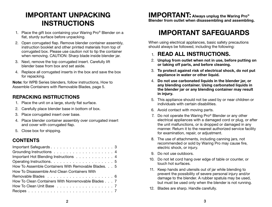 Important unpacking instructions, Important, Important safeguards | Read all instructions | Waring Pro WPB80BC User Manual | Page 2 / 23