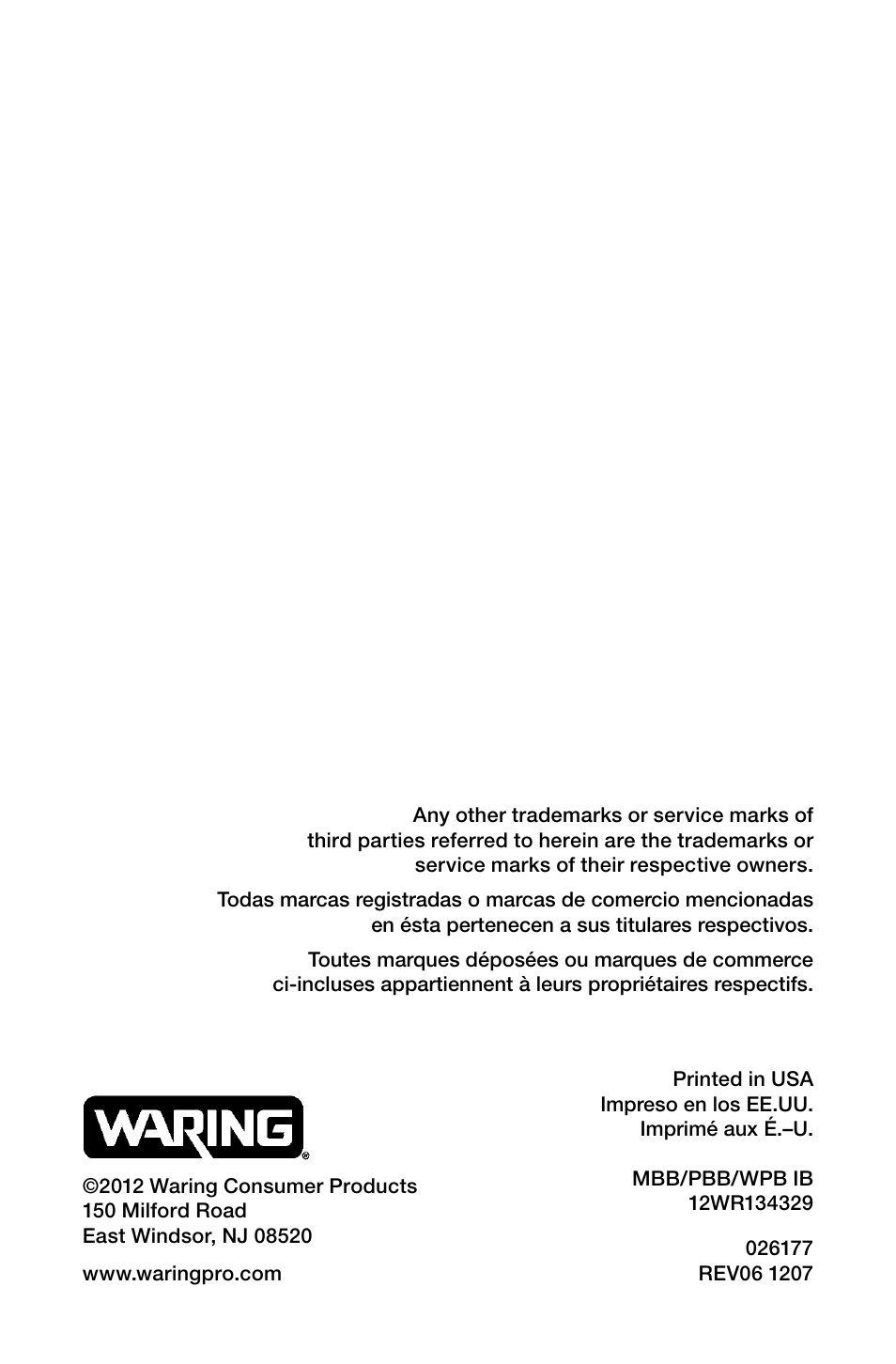 Waring Pro WPB80BC User Manual | Page 23 / 23