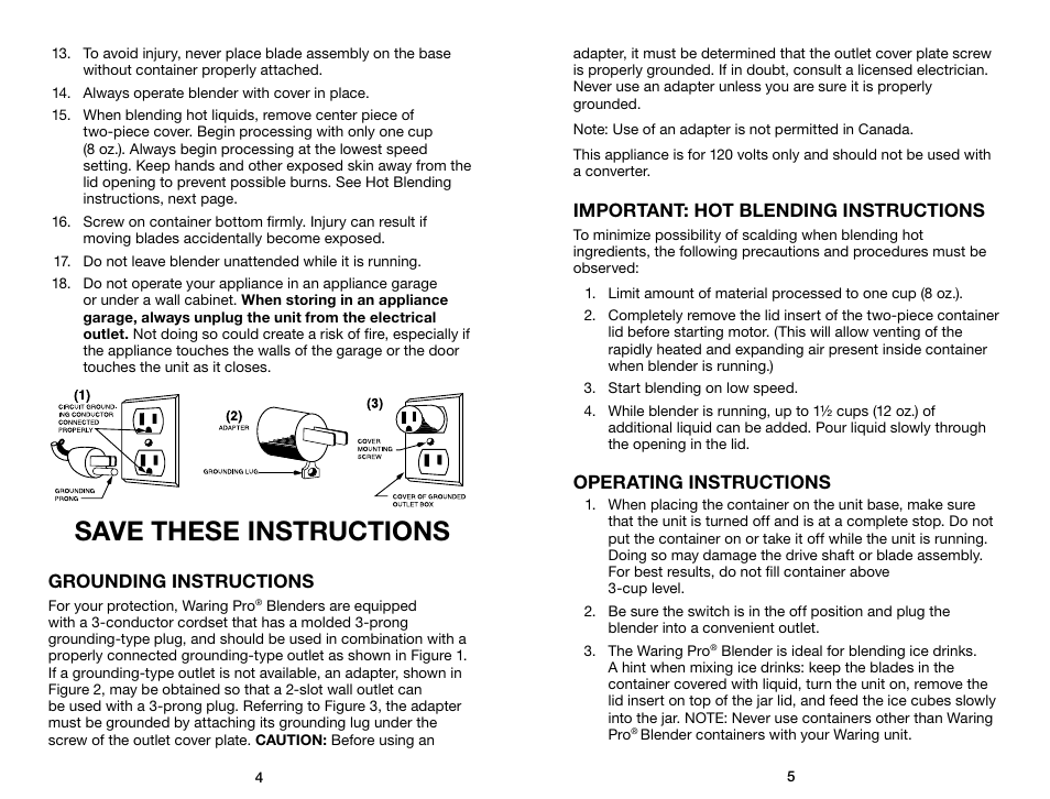 Save these instructions, Grounding instructions, Important: hot blending instructions | Operating instructions | Waring Pro WPB80BC User Manual | Page 3 / 23