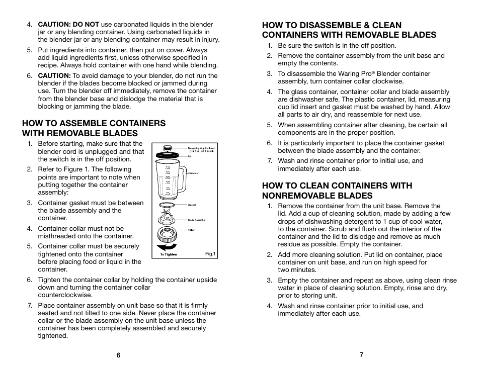 How to assemble containers with removable blades, How to clean containers with nonremovable blades | Waring Pro WPB80BC User Manual | Page 4 / 23