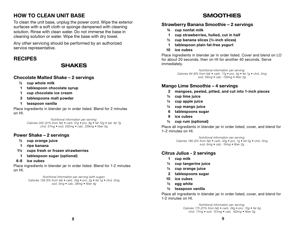 How to clean unit base, Recipes shakes, Smoothies | Waring Pro WPB80BC User Manual | Page 5 / 23