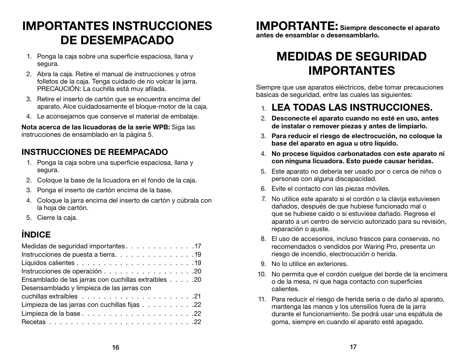 Importantes instrucciones de desempacado, Importante, Medidas de seguridad importantes | Lea todas las instrucciones | Waring Pro WPB80BC User Manual | Page 9 / 23