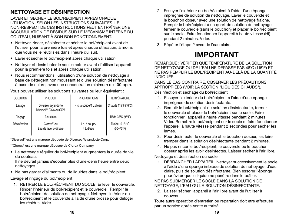 Important, Nettoyage et désinfection | Waring Pro MX1000RXT User Manual | Page 10 / 11