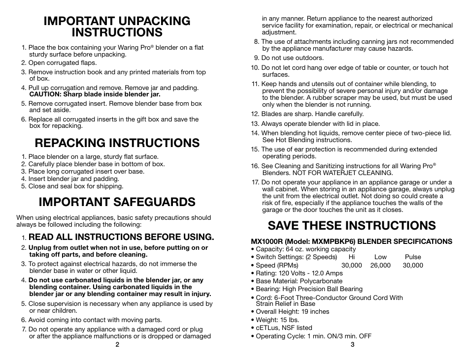 Important unpacking instructions, Repacking instructions, Important safeguards | Save these instructions, Read all instructions before using | Waring Pro MX1000RXT User Manual | Page 2 / 11