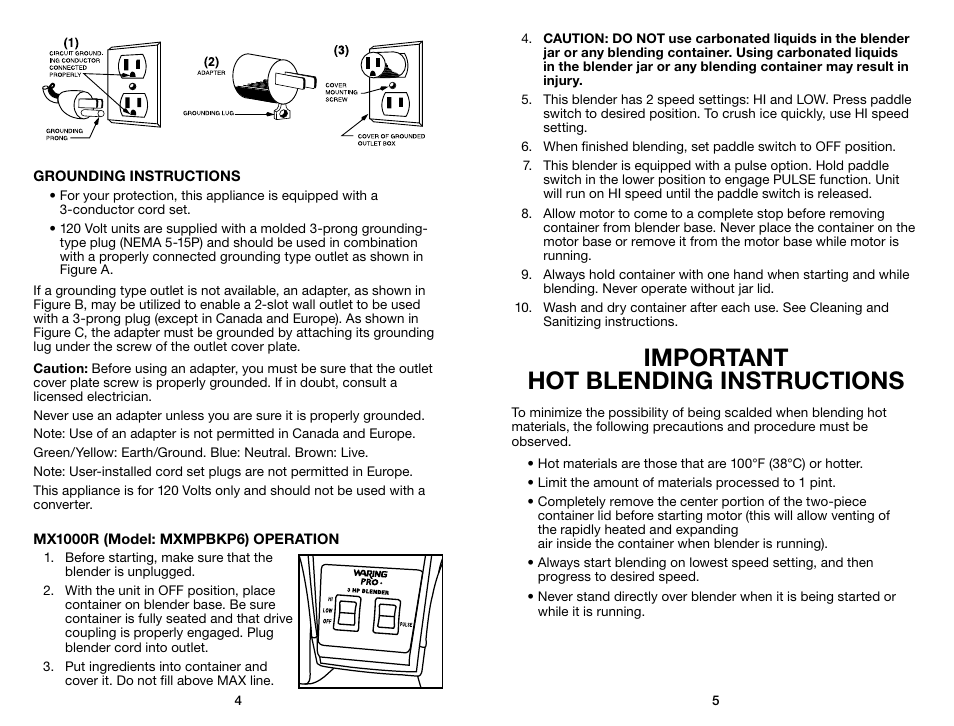 Important hot blending instructions | Waring Pro MX1000RXT User Manual | Page 3 / 11