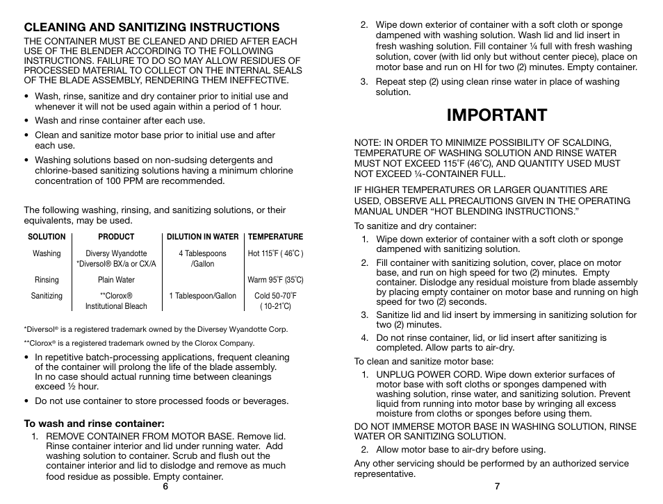 Important, Cleaning and sanitizing instructions | Waring Pro MX1000RXT User Manual | Page 4 / 11