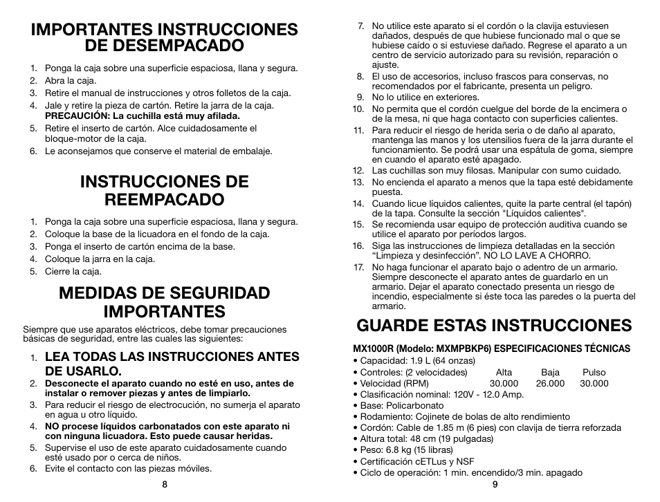 Importantes instrucciones de desempacado, Instrucciones de reempacado, Medidas de seguridad importantes | Guarde estas instrucciones, Lea todas las instrucciones antes de usarlo | Waring Pro MX1000RXT User Manual | Page 5 / 11