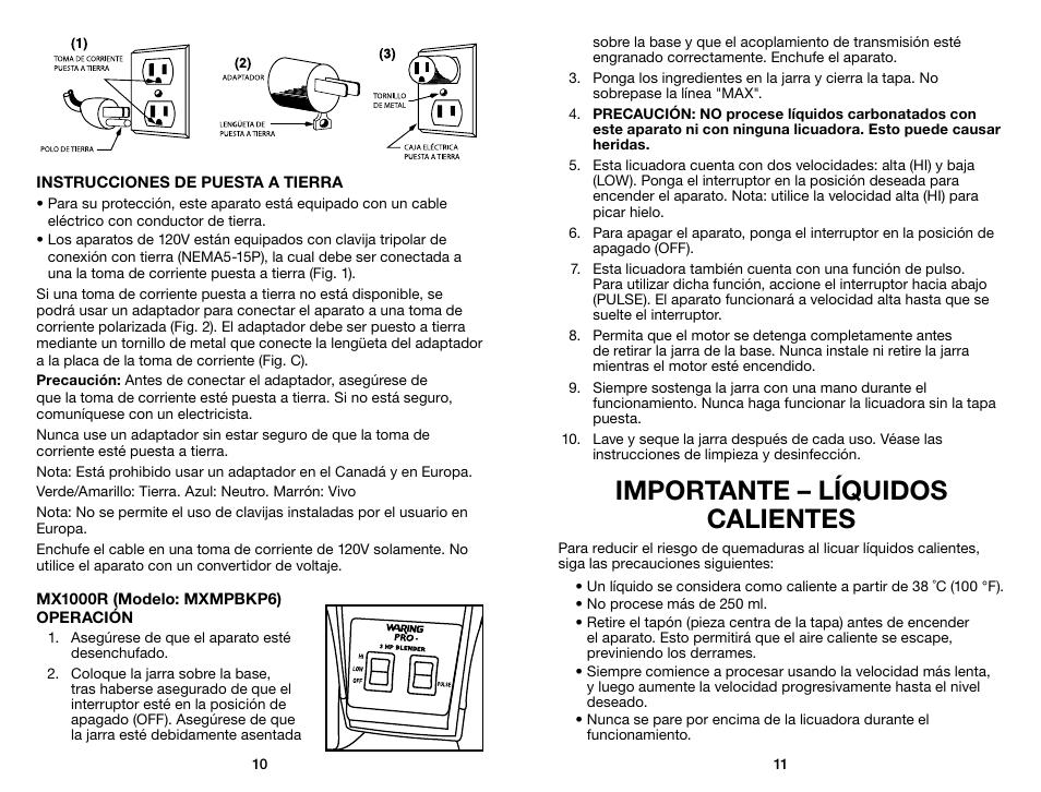 Importante – líquidos calientes | Waring Pro MX1000RXT User Manual | Page 6 / 11