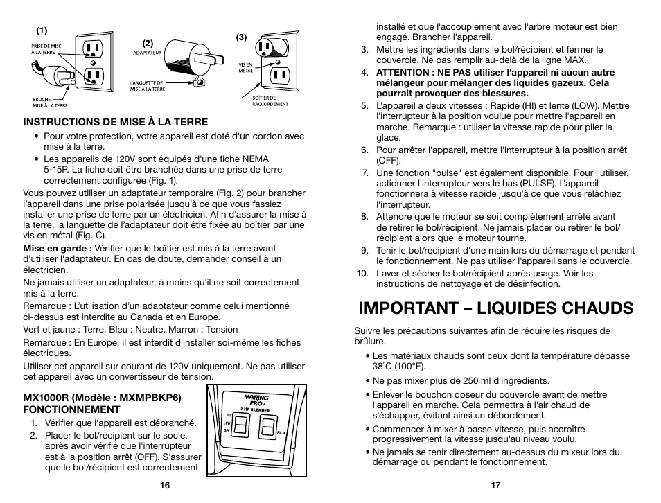 Important – liquides chauds | Waring Pro MX1000RXT User Manual | Page 9 / 11