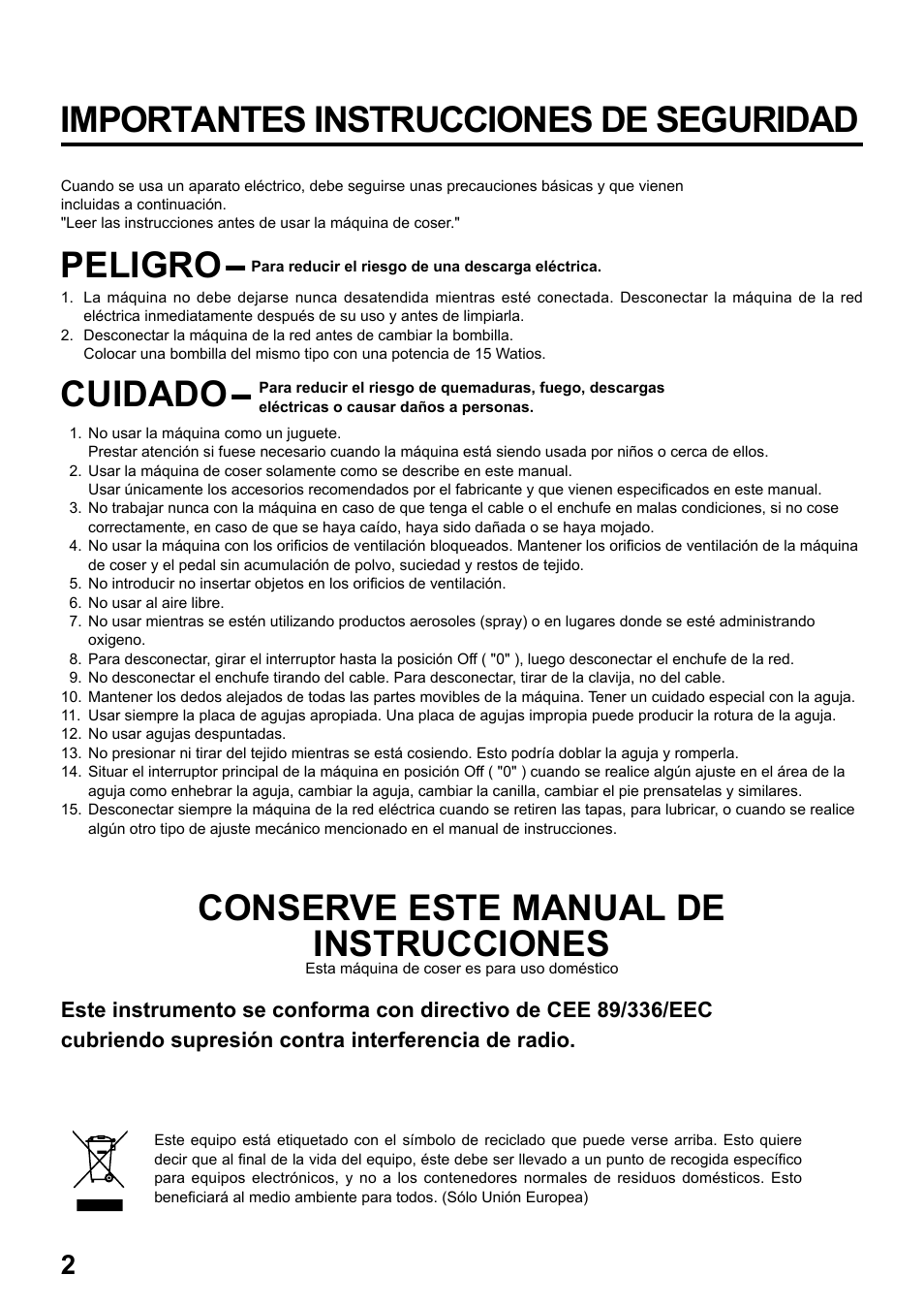 Importantes instrucciones de seguridad, Peligro, Cuidado | Conserve este manual de instrucciones | Juki HZL-25Z User Manual | Page 2 / 71