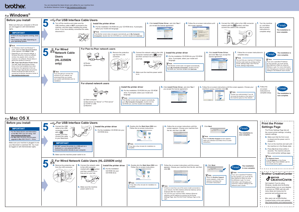 Tcp/ip, Mac os x, Windows | Before you install, Finish, Brother creativecenter | Brother HL-2240 User Manual | Page 2 / 2