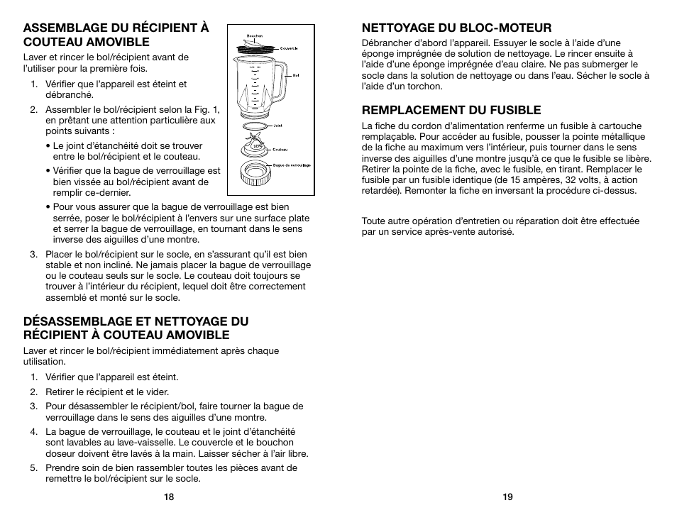 Nettoyage du bloc-moteur, Remplacement du fusible, Assemblage du récipient à couteau amovible | Waring Pro TG15 User Manual | Page 10 / 11