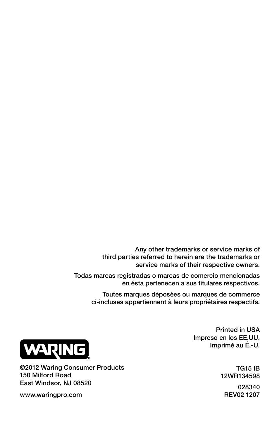 Waring Pro TG15 User Manual | Page 11 / 11