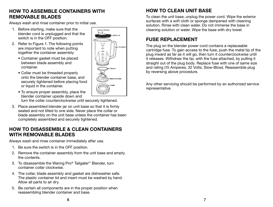 How to assemble containers with removable blades, How to clean unit base, Fuse replacement | Waring Pro TG15 User Manual | Page 4 / 11