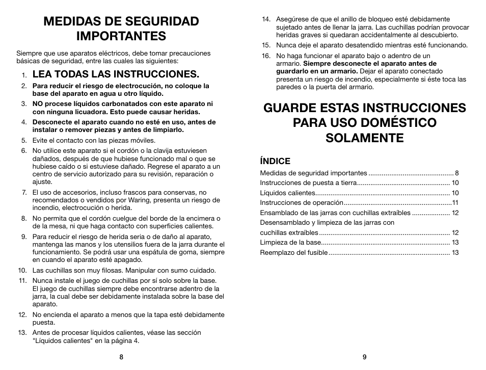 Medidas de seguridad importantes, Lea todas las instrucciones | Waring Pro TG15 User Manual | Page 5 / 11