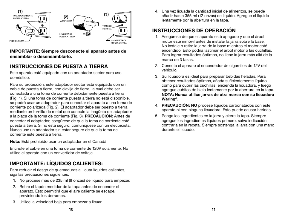 Instrucciones de puesta a tierra, Importante: líquidos calientes, Instrucciones de operación | Waring Pro TG15 User Manual | Page 6 / 11