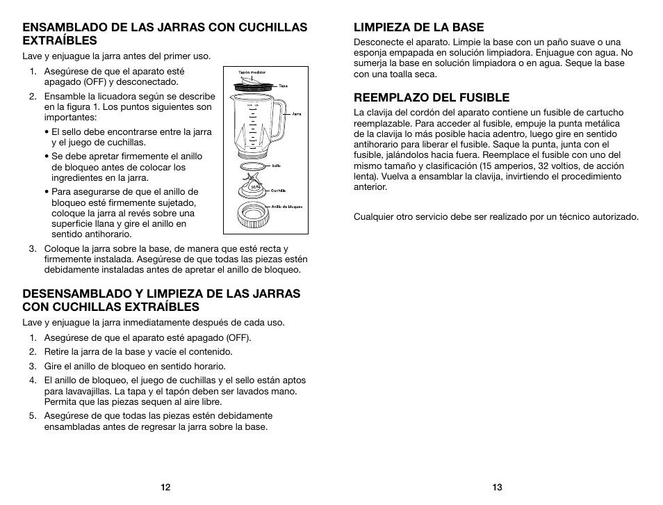 Ensamblado de las jarras con cuchillas extraíbles, Limpieza de la base, Reemplazo del fusible | Waring Pro TG15 User Manual | Page 7 / 11