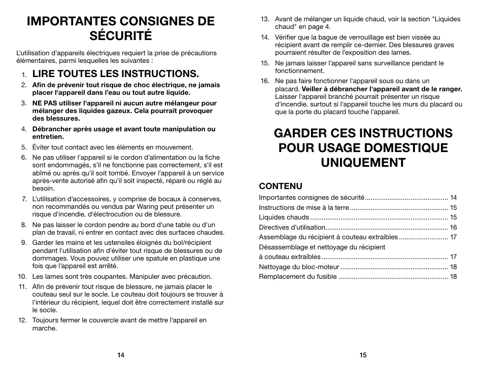 Importantes consignes de sécurité, Lire toutes les instructions | Waring Pro TG15 User Manual | Page 8 / 11