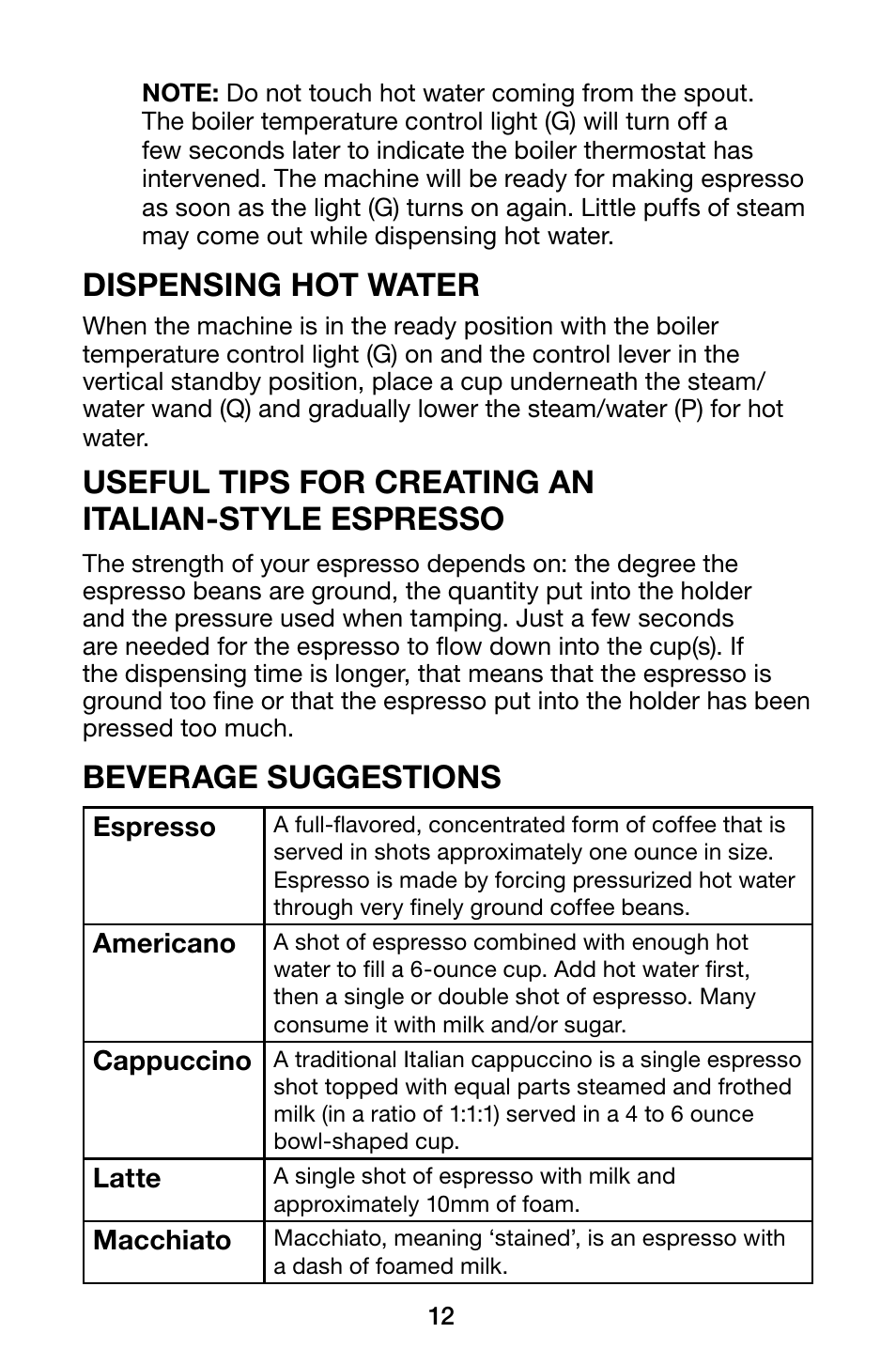 Dispensing hot water, Useful tips for creating an italian-style espresso, Beverage suggestions | Waring Pro ES1500 User Manual | Page 12 / 20