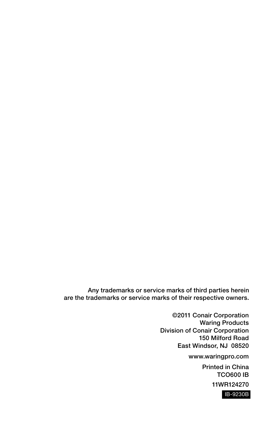 Waring Pro TCO600 User Manual | Page 12 / 12