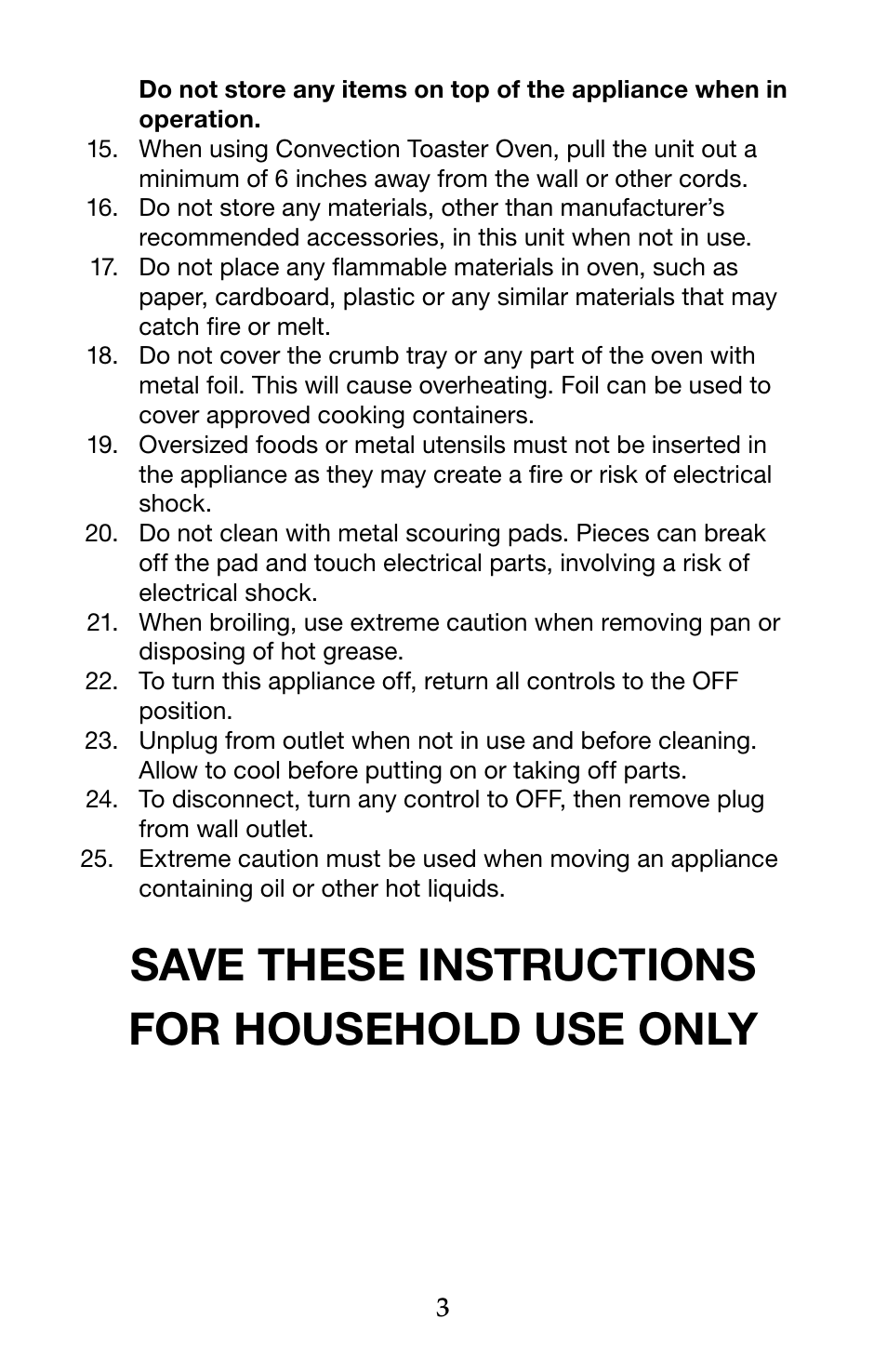 Save these instructions for household use only | Waring Pro TCO600 User Manual | Page 3 / 12
