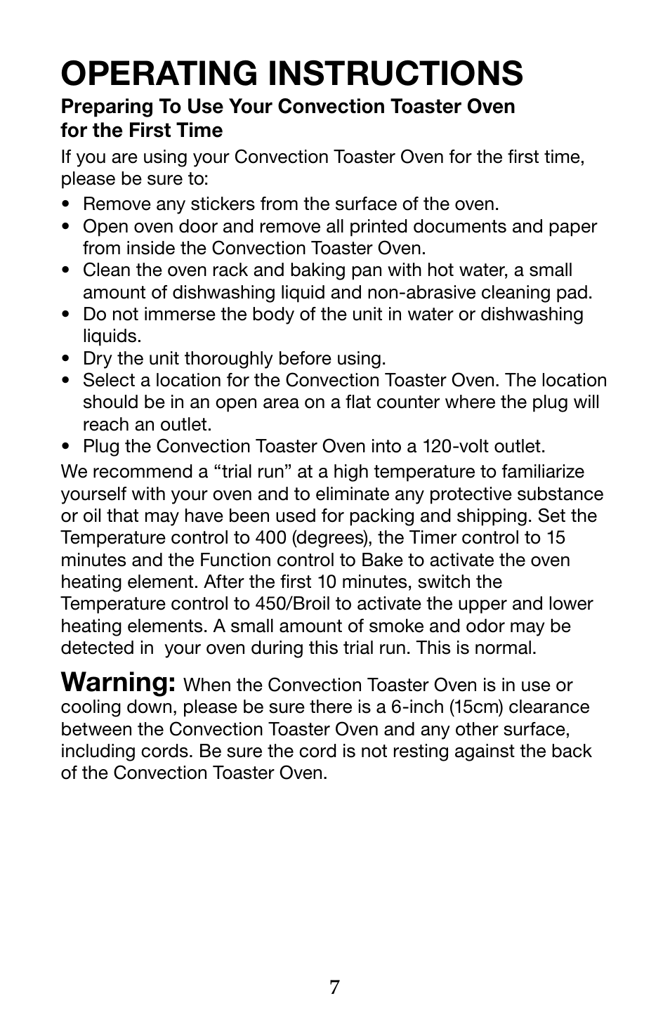 Operating instructions, Warning | Waring Pro TCO600 User Manual | Page 7 / 12