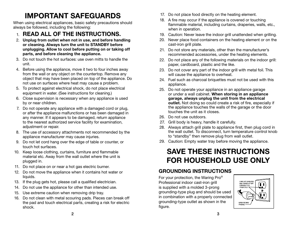 Important safeguards, Save these instructions for household use only, Read all of the instructions | Waring Pro CIG100 User Manual | Page 2 / 5