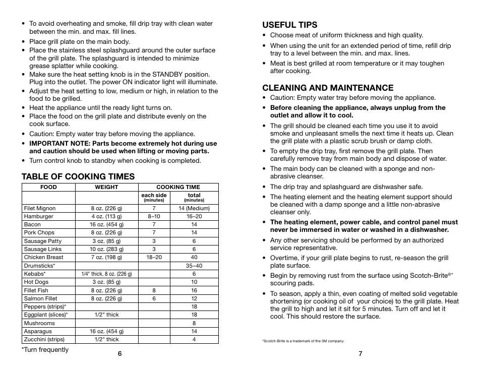 Useful tips, Cleaning and maintenance, Table of cooking times | Waring Pro CIG100 User Manual | Page 4 / 5