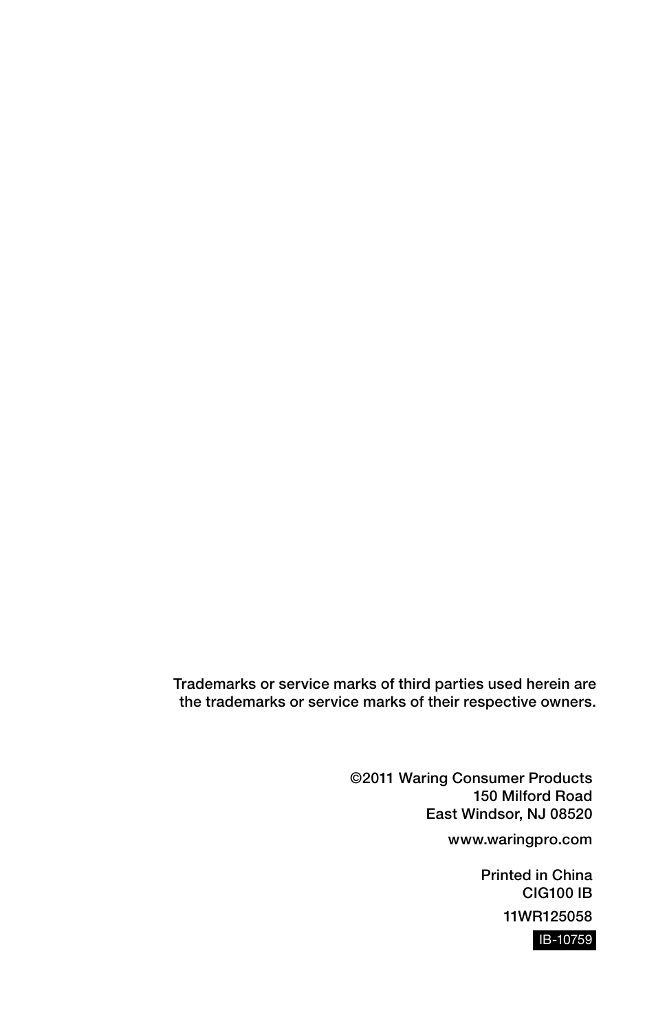 Waring Pro CIG100 User Manual | Page 5 / 5
