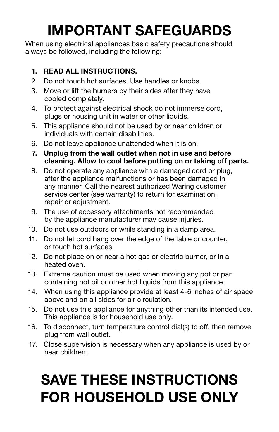 Important safeguards, Save these instructions for household use only | Waring Pro DB60 User Manual | Page 2 / 8