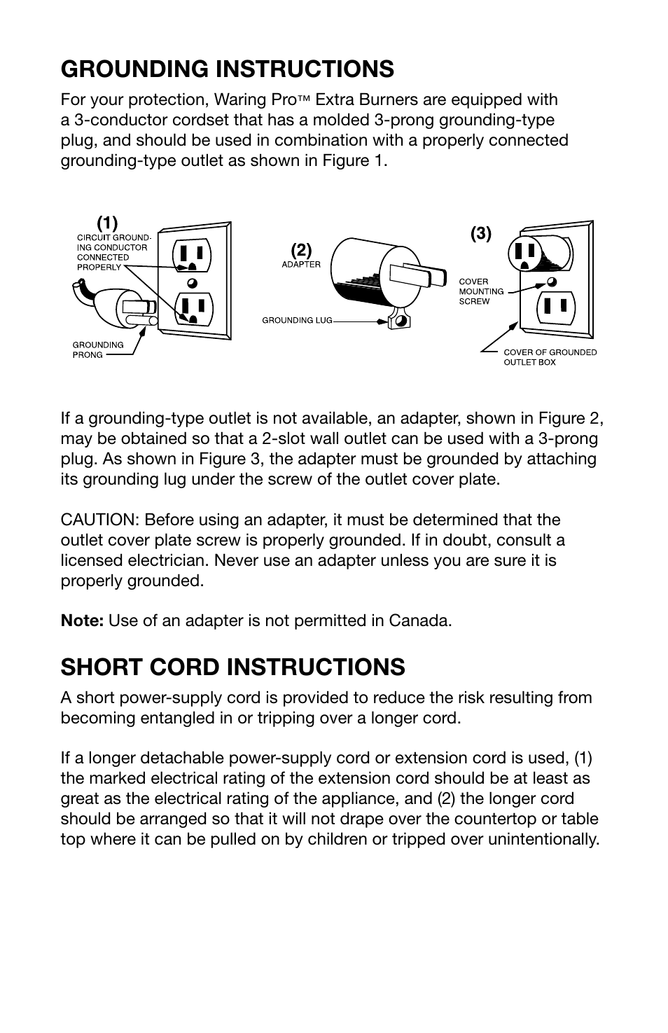 Grounding instructions, Short cord instructions | Waring Pro DB60 User Manual | Page 3 / 8