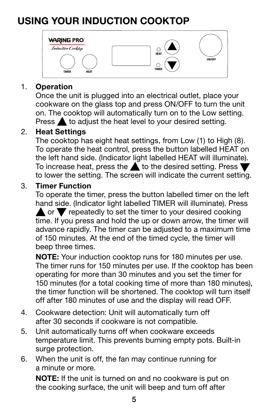 Using your induction cooktop | Waring Pro ICT200 User Manual | Page 6 / 8