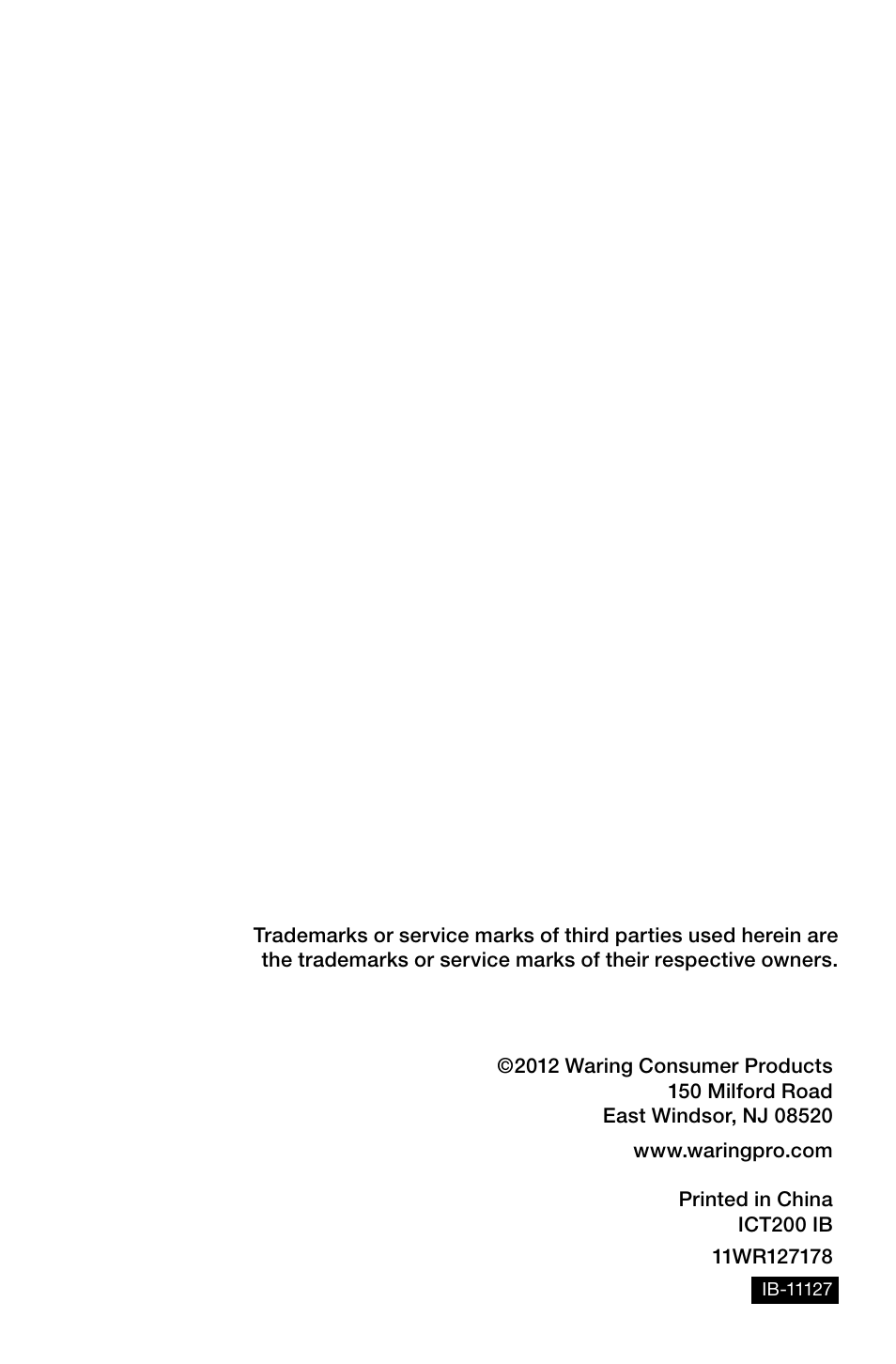 Waring Pro ICT200 User Manual | Page 8 / 8