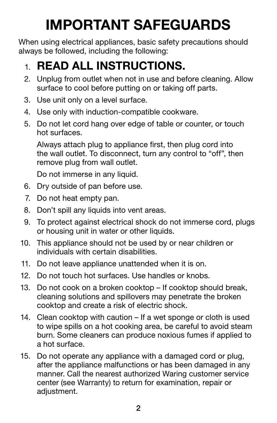 Important safeguards, Read all instructions | Waring Pro ICT400 User Manual | Page 2 / 8