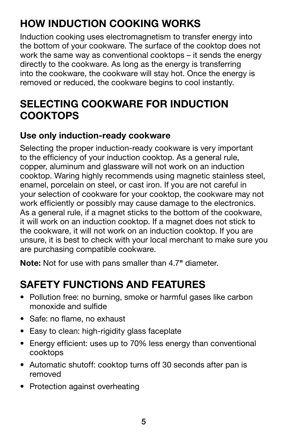 How induction cooking works, Selecting cookware for induction cooktops, Safety functions and features | Waring Pro ICT400 User Manual | Page 5 / 8