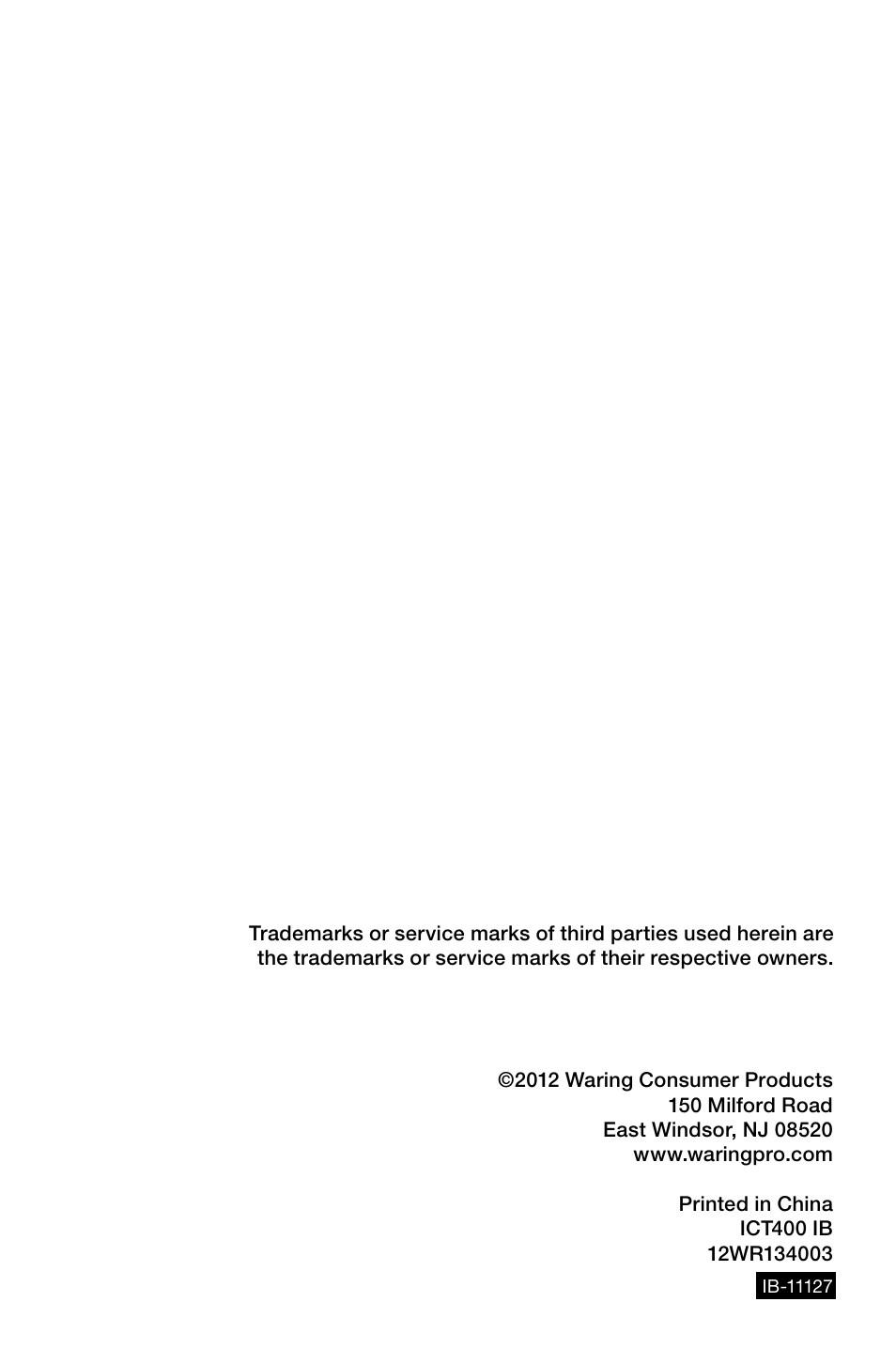 Waring Pro ICT400 User Manual | Page 8 / 8