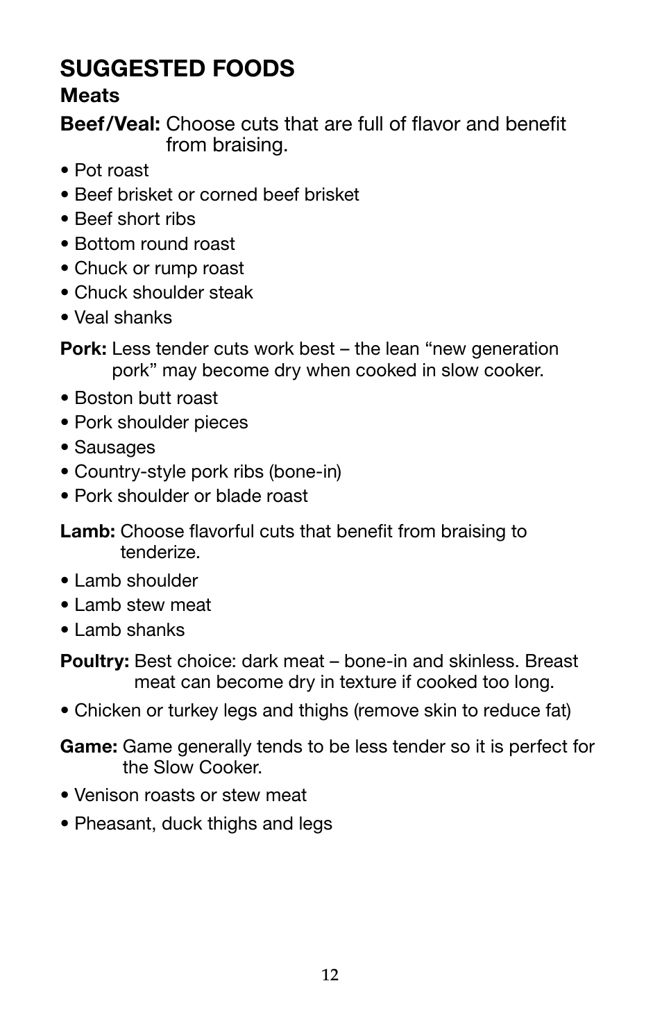 Suggested foods | Waring Pro WSC650 User Manual | Page 12 / 32