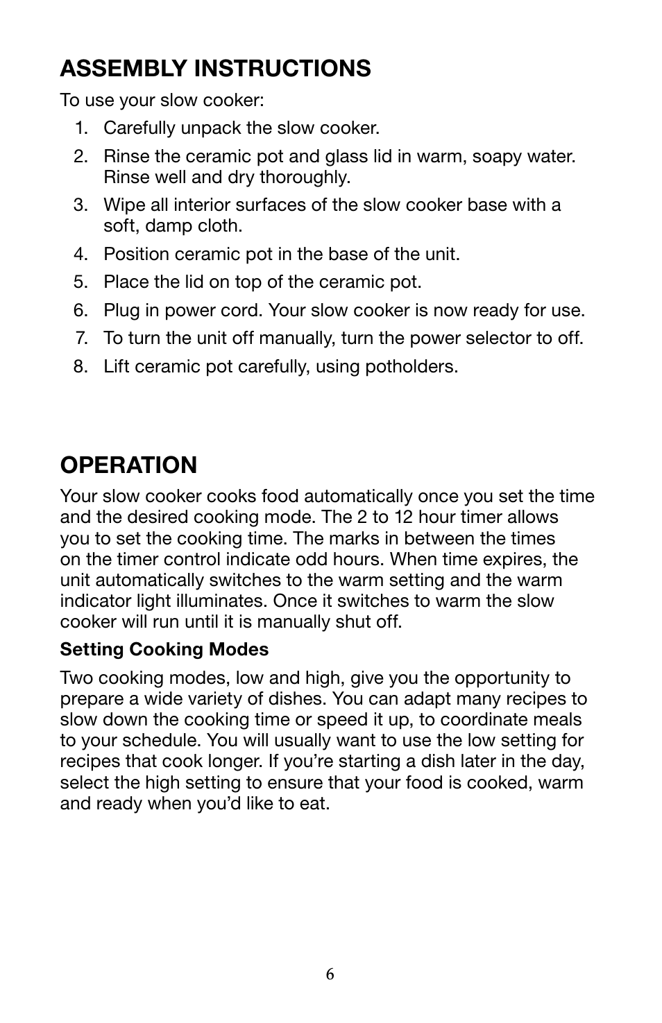 Assembly instructions, Operation | Waring Pro WSC650 User Manual | Page 6 / 32