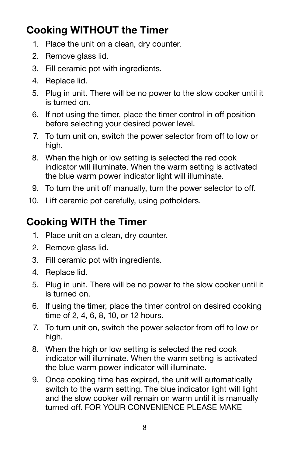 Cooking without the timer, Cooking with the timer | Waring Pro WSC650 User Manual | Page 8 / 32